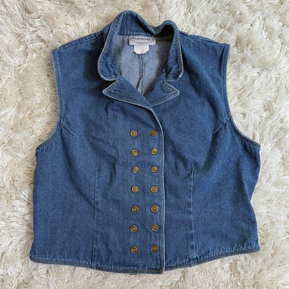 Vintage Womens Steampunk Denim Vest Waistcoat Layer Double-Breasted Women M/L